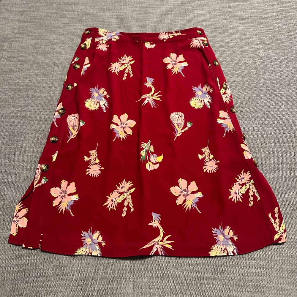 Madewell Midi Skirt Womens 6 Red Floral Bird Side Button A-Line